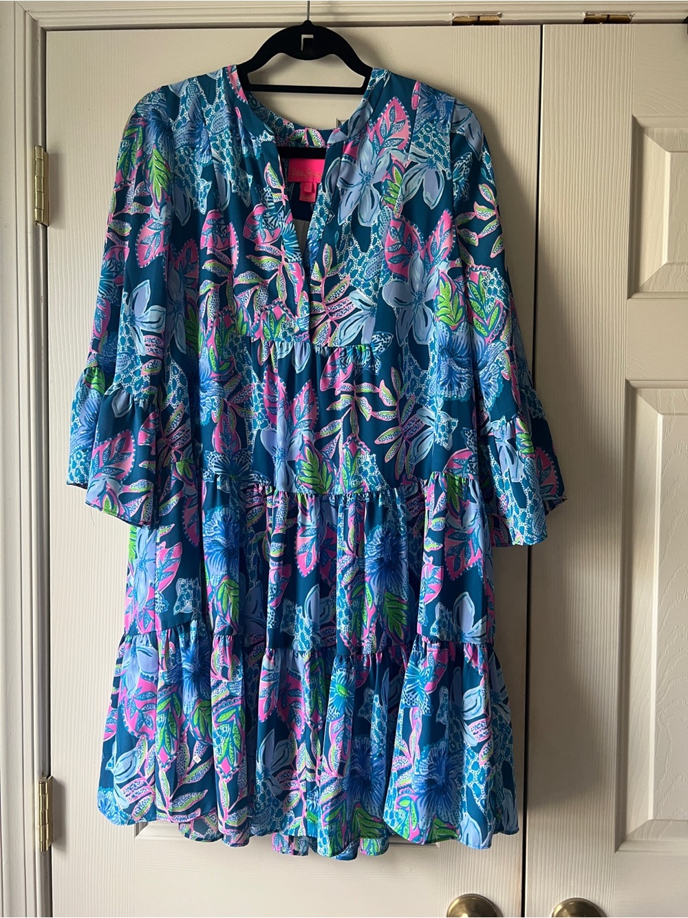 Lilly Pulitzer Blue Floral Midi Dress with Pink & Green Accents